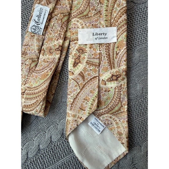 VTG Liberty of London Cotton Necktie Beige Brown Seafoam Paisley Print Tie 3.75 - Picture 3 of 3
